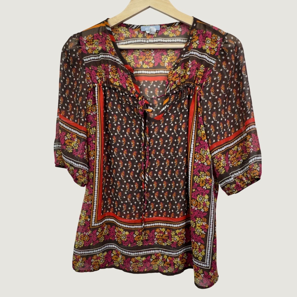 dELiAs Floral Peasant Blouse Womens Small Brown Boho Y2K Retro Indie Sheer Top
